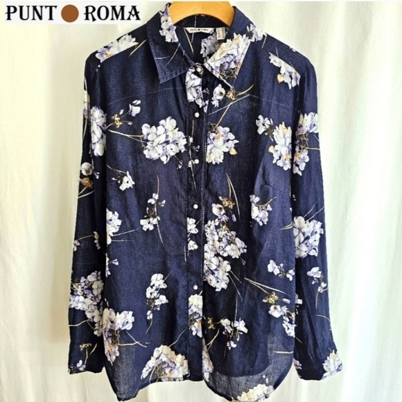 Punt Roma Navy Blue Floral Print Linen Blouse - Picture 1 of 16